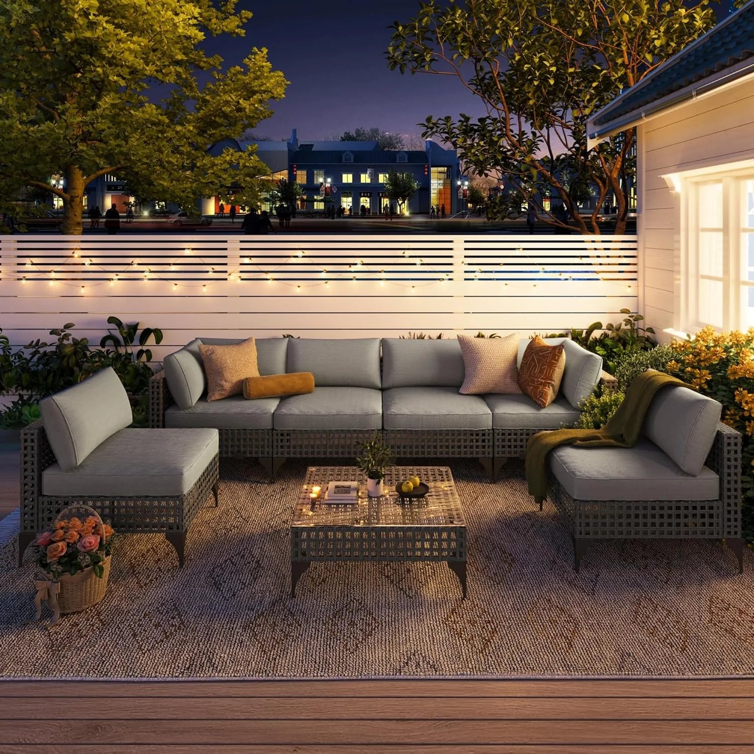 AECOJOY 7-Piece Patio Outdoor Furniture Set, Boho Outdoor Sectional Set, Grey&Light Grey