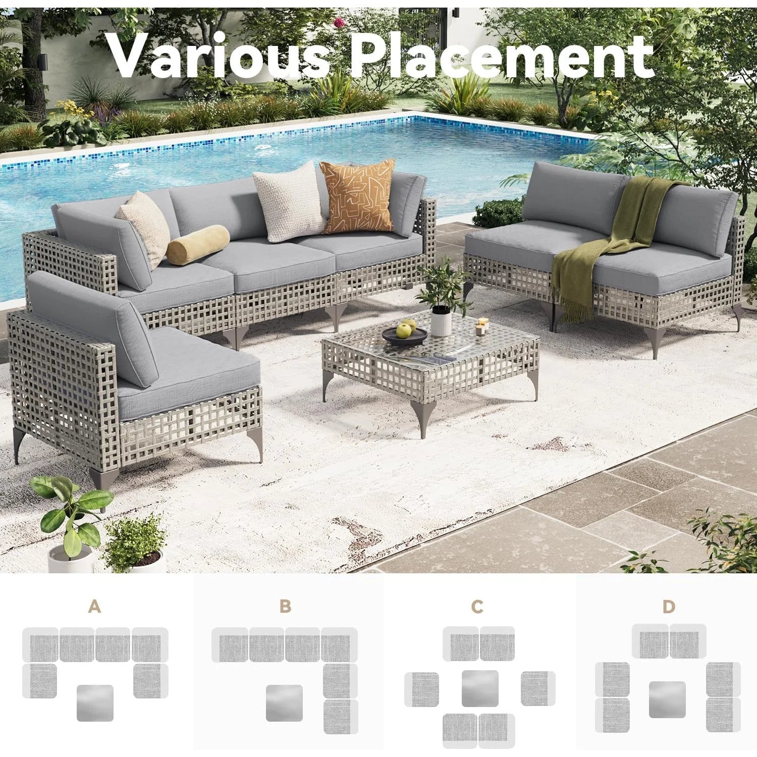 AECOJOY 7-Piece Patio Outdoor Furniture Set, Boho Outdoor Sectional Set, Grey&Light Grey
