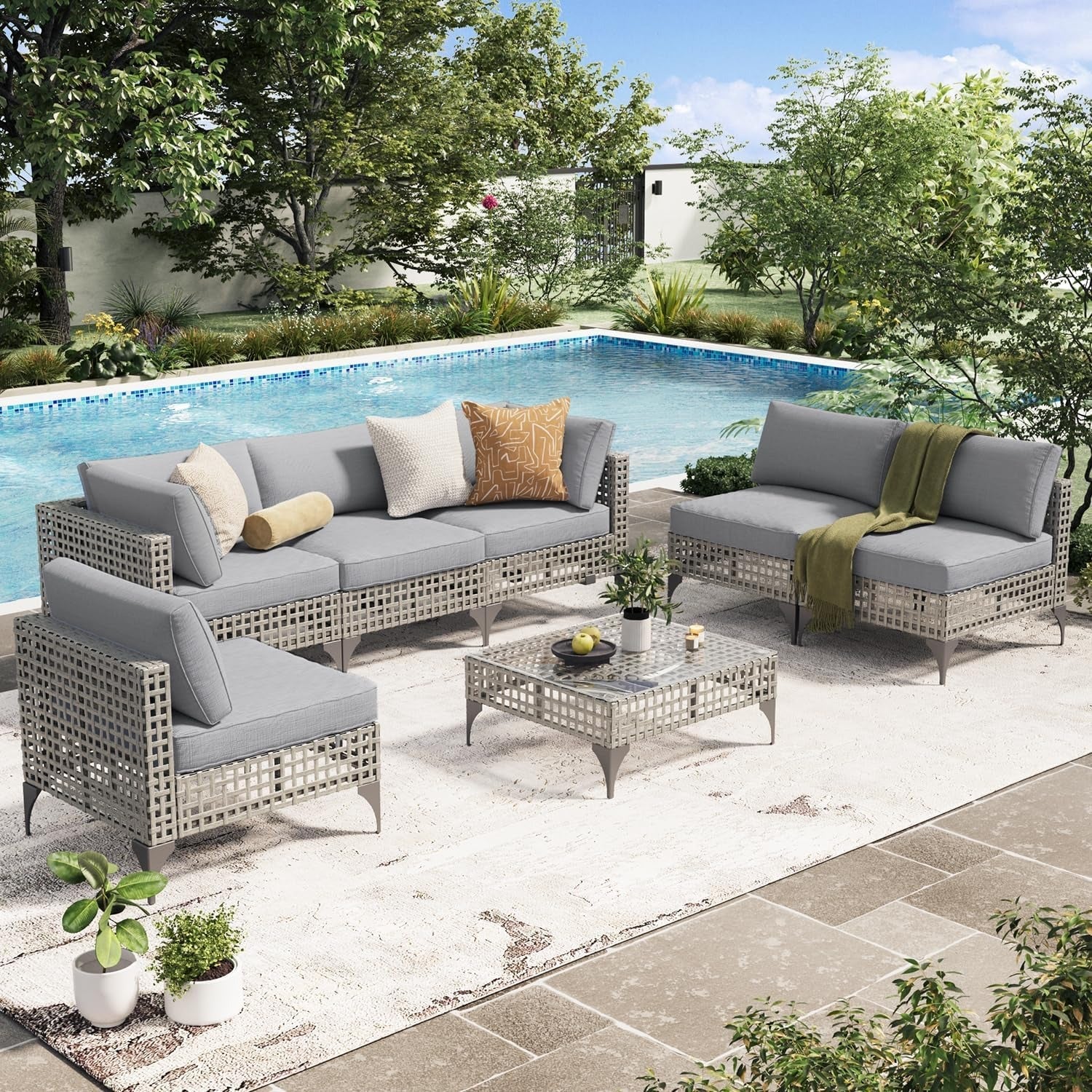 AECOJOY 7-Piece Patio Outdoor Furniture Set, Boho Outdoor Sectional Set, Grey&Light Grey